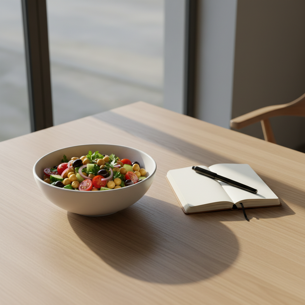 A minimalist, modern dining table set for a single serving of Mediterranean chickpea salad in a matte white ceramic bowl. The salad is a colorful mix of chickpeas, diced cucumber, tomato, red onion, parsley, and black olives, lightly glistening with olive oil. Beside the bowl lies a small tasting notebook open to a blank page, with a sleek black pen resting diagonally across it, hinting at tasting notes. The table is a pale oak surface near a large window, bathed in diffused late-afternoon light that casts soft, crisp shadows. Photographic realism with a calm, thoughtful atmosphere, composed using the rule of thirds from an eye-level angle, emphasizing simplicity and sophistication.