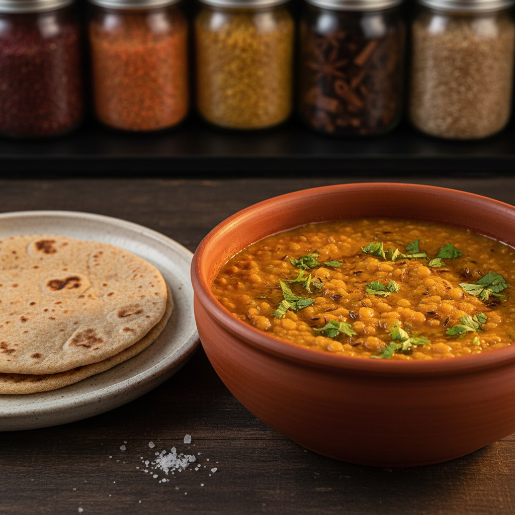 A close-up of a deep ceramic bowl filled with fragrant Indian lentil dal, its surface dotted with golden oil, cumin seeds, and fresh cilantro. A neatly folded, slightly charred whole-wheat flatbread rests on a small plate nearby, with a sprinkle of coarse salt on the table. The background shows blurred glass jars of lentils, spices, and brown rice on a matte black shelf, suggesting a well-organized, budget-conscious pantry. Warm, directional lighting from the right creates a rich glow on the dal and subtle highlights on the ceramic glaze. Photographic realism, shot at a slightly elevated angle with shallow depth of field, creating an intimate, comforting yet refined mood that emphasizes wholesome, affordable international cooking.