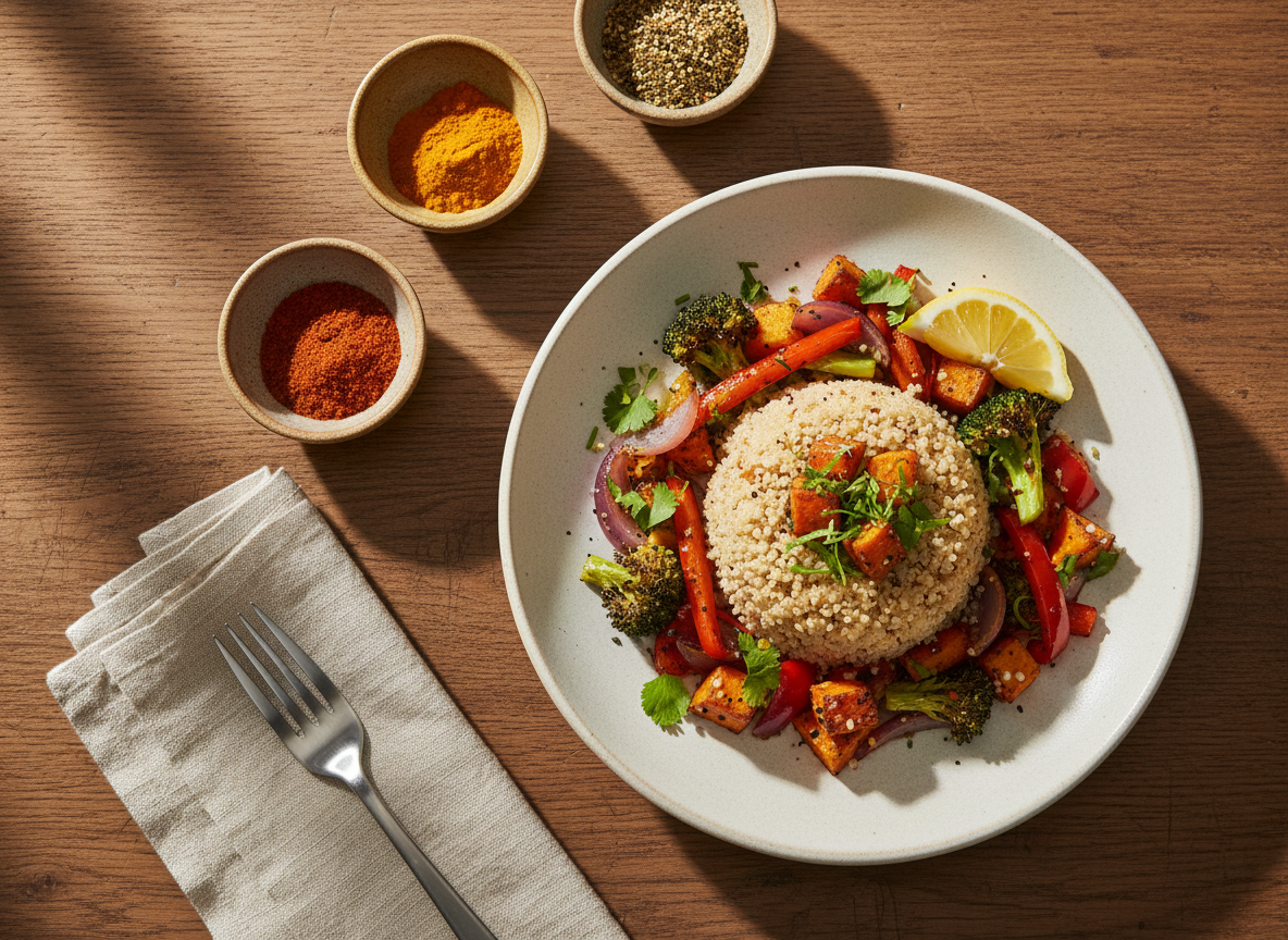 A sophisticated flat lay of a rustic wooden table featuring a single, beautifully plated dish of colorful roasted vegetables over fluffy quinoa, garnished with fresh herbs and a lemon wedge. Small ceramic bowls of international spices—turmeric, smoked paprika, cumin, and za’atar—surround the plate, along with a folded linen napkin and a simple stainless steel fork. Soft natural daylight from the left casts gentle, elongated shadows, creating a calm, refined atmosphere. Photographic realism with a clean, modern aesthetic, shot from a bird’s-eye view with shallow depth of field, keeping the main plate in sharp focus while the background gently blurs to emphasize an elegant, budget-friendly, healthy meal.